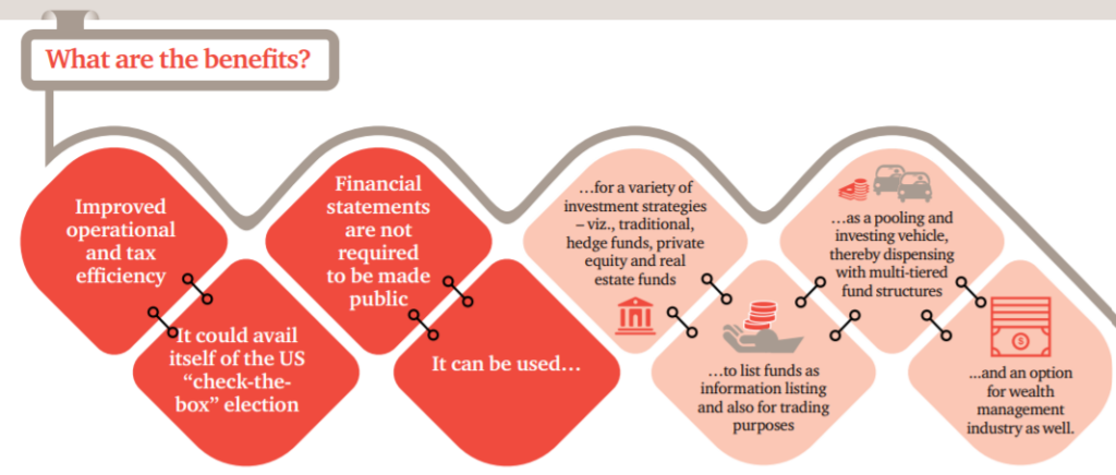Flowchart detailing benefits of Singapore VCC: improved efficiency, US check-the-box election, no public financial