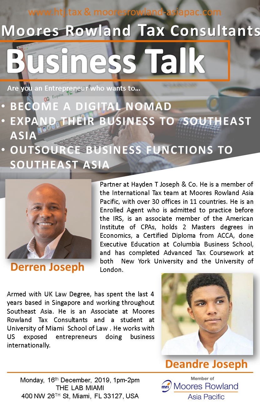 Moores Rowland Tax Consultants Business Talk event flyer with speaker photos and details.