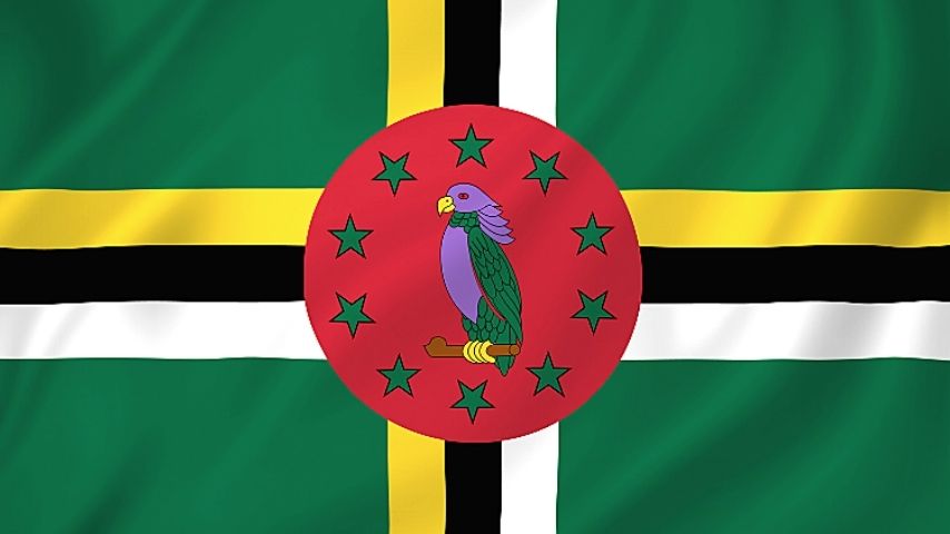 Flag of Dominica with a parrot and stars on a red circle.
