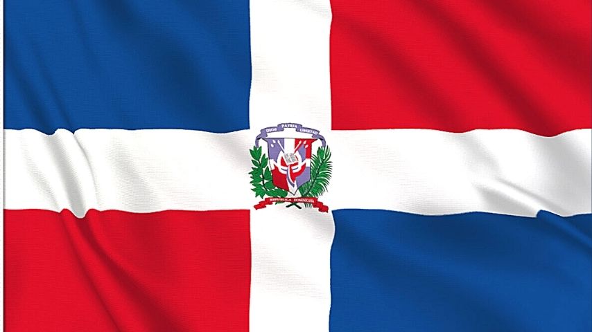 Flag of the Dominican Republic with its coat of arms in the center.