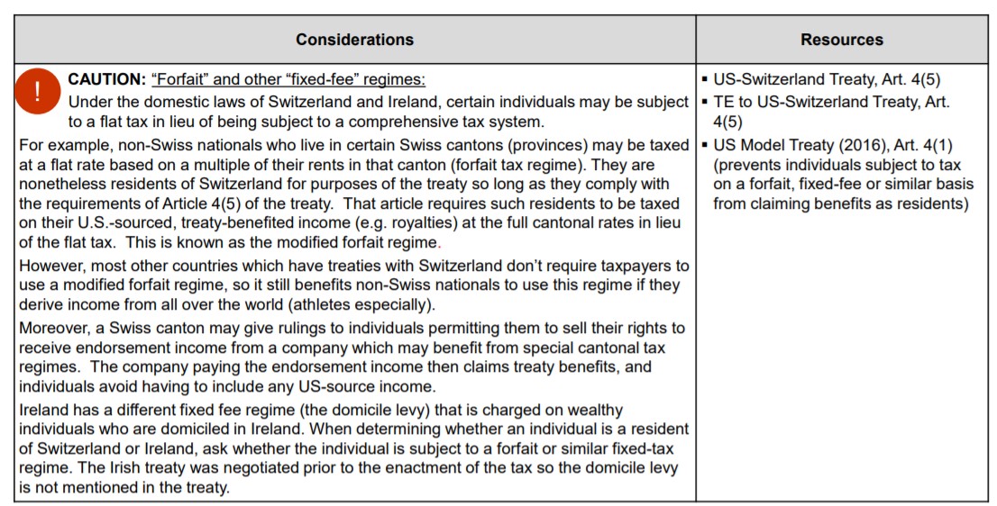Table detailing considerations and resources for forfait and fixed-fee tax regimes.