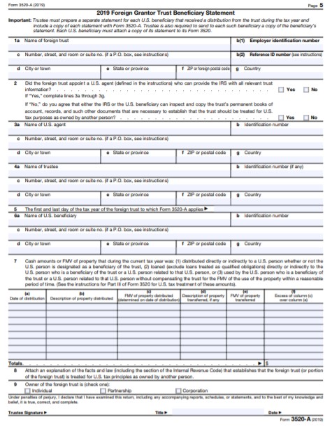 2019 Foreign Grantor Trust Beneficiary Statement, page 5 of Form 3520-A.