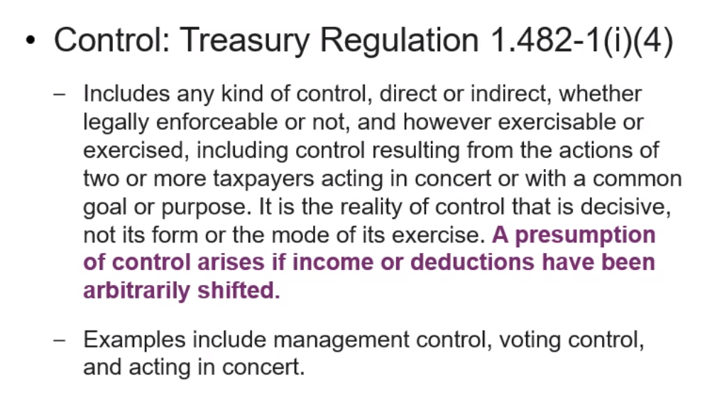 Screenshot of Treasury Regulation 1.482-1(i)(4) defining control for tax purposes.