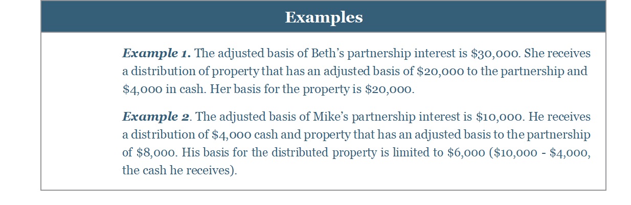 Examples section with two numbered examples detailing partnership basis calculations.
