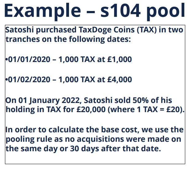 Example of s104 pool showing Satoshi's TaxDoge Coin purchases and sale.