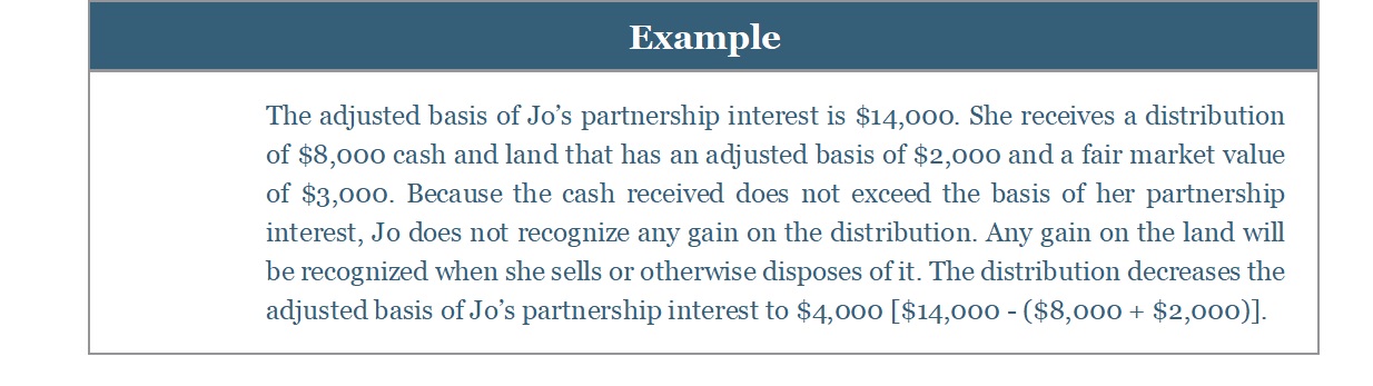 Example text about partnership interest basis, cash distribution, and land.