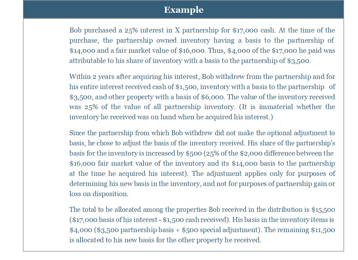 Example text about a partnership distribution and basis adjustment for inventory.