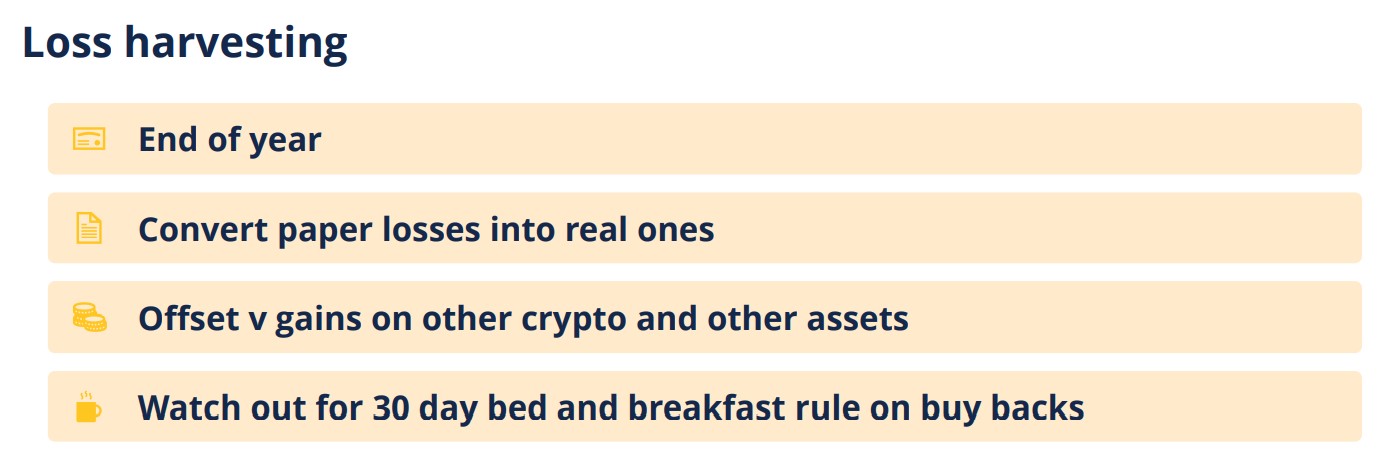 Loss harvesting points: End of year, Convert paper losses, Offset v gains, Watch out for 30 day rule.