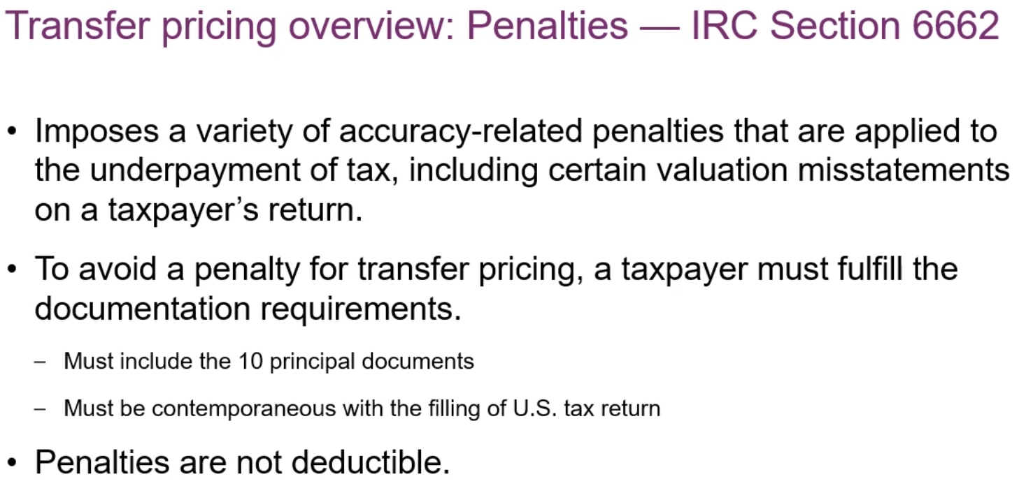 Transfer pricing overview: Penalties - IRC Section 6662 slide.
