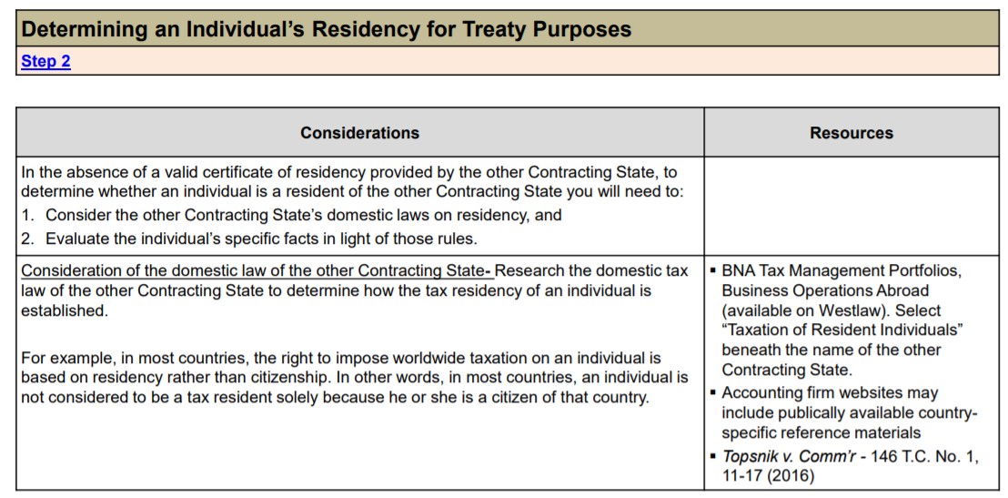 Screenshot of a table titled "Determining an Individual's Residency for Treaty Purposes" with sections on Considerations and