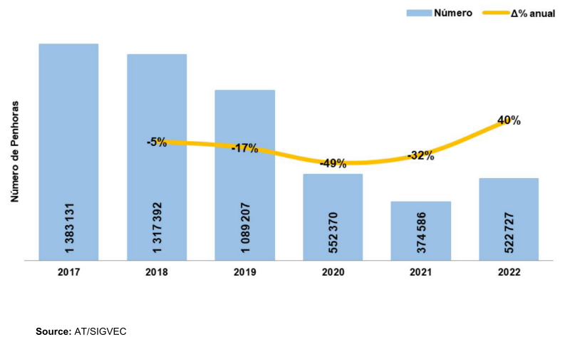 Bar chart showing number of seizures from 2017 to 2022, with a line graph showing annual percentage change.