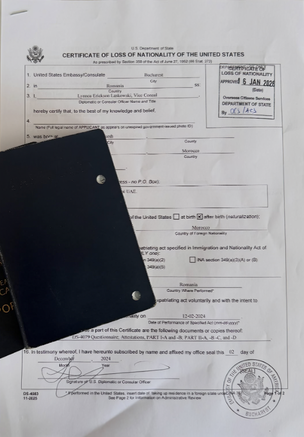 Certificate of Loss of Nationality of the United States form with passport.