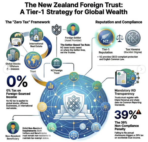 Diagram of New Zealand foreign trust strategy, showing "Zero Tax" framework and reputation/compliance.