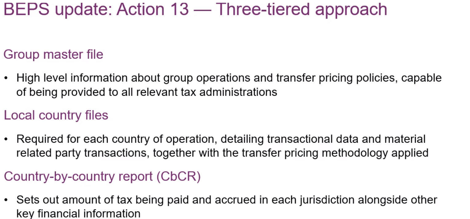 BEPS update: Action 13 — Three-tiered approach. Group master file, Local country files, Country-by-country report.