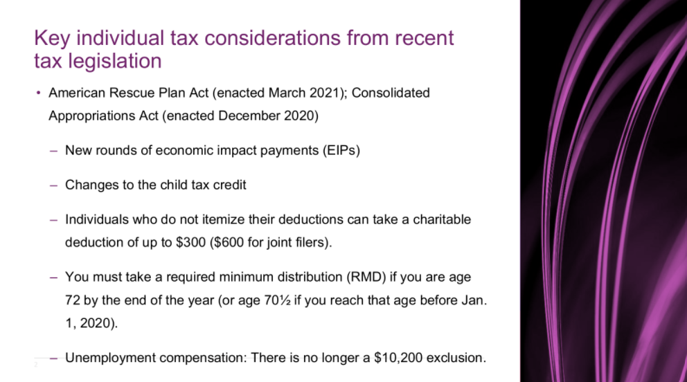 Slide titled Key individual tax considerations from recent tax legislation with bullet points.