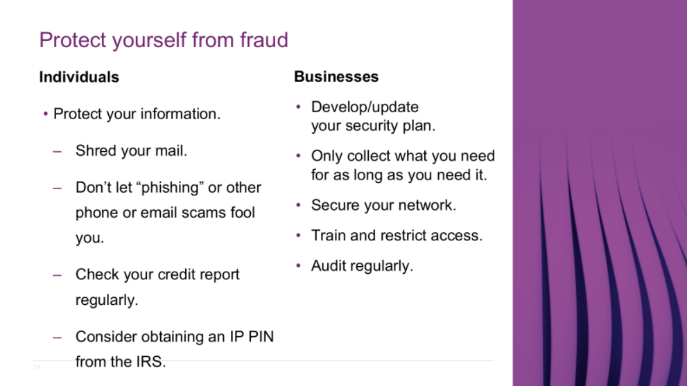 Slide titled Protect yourself from fraud, with tips for individuals and businesses.