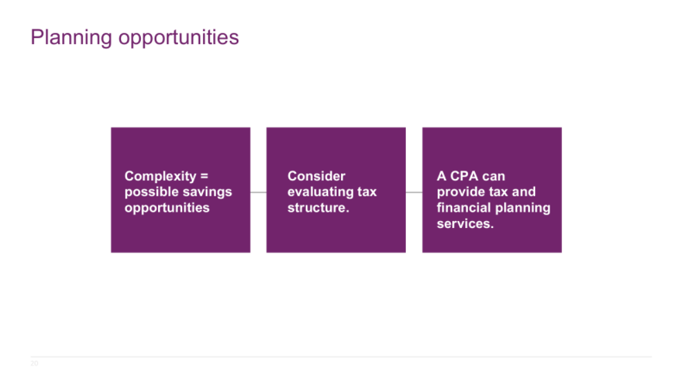 Slide titled Planning opportunities with three boxes detailing tax planning advice.