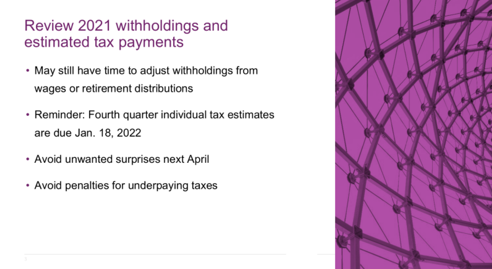 Review 2021 withholdings and estimated tax payments list.