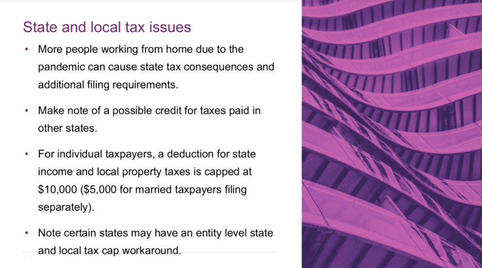 State and local tax issues with bullet points on remote work and tax caps.