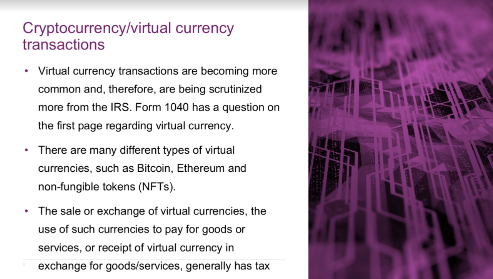 Cryptocurrency virtual currency transactions slide with bullet points and abstract purple background.