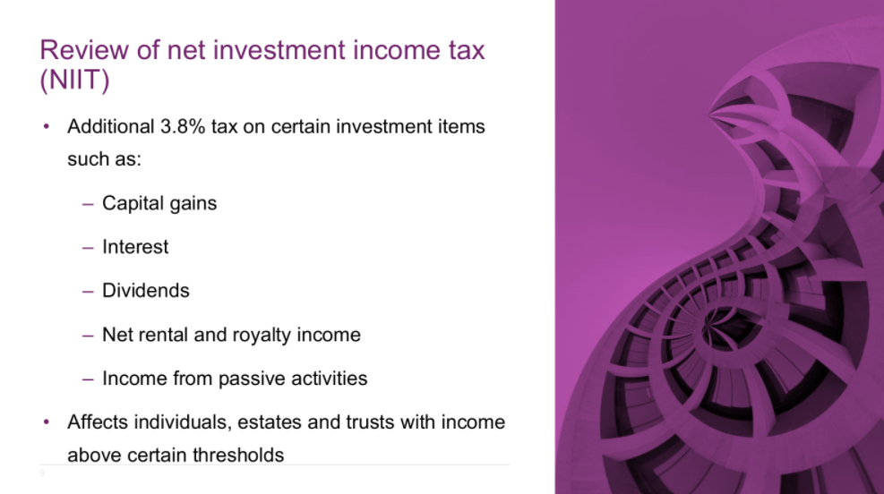 Slide reviewing net investment income tax (NIIT) and its effects.