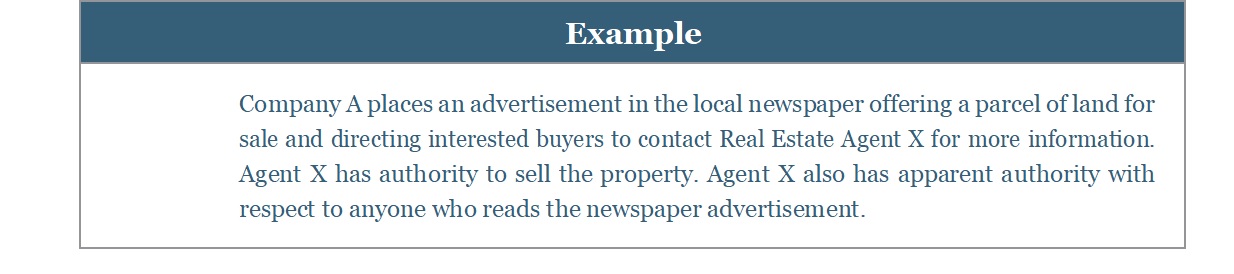Example: Company A advertises land for sale, giving Agent X apparent authority.