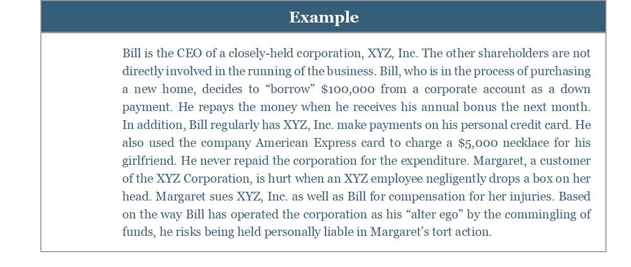 Text box with the heading "Example" and a case study about corporate liability.