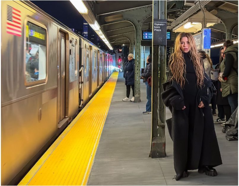 Shakira stands on a subway platform next to a train, with an American flag visible on the train.